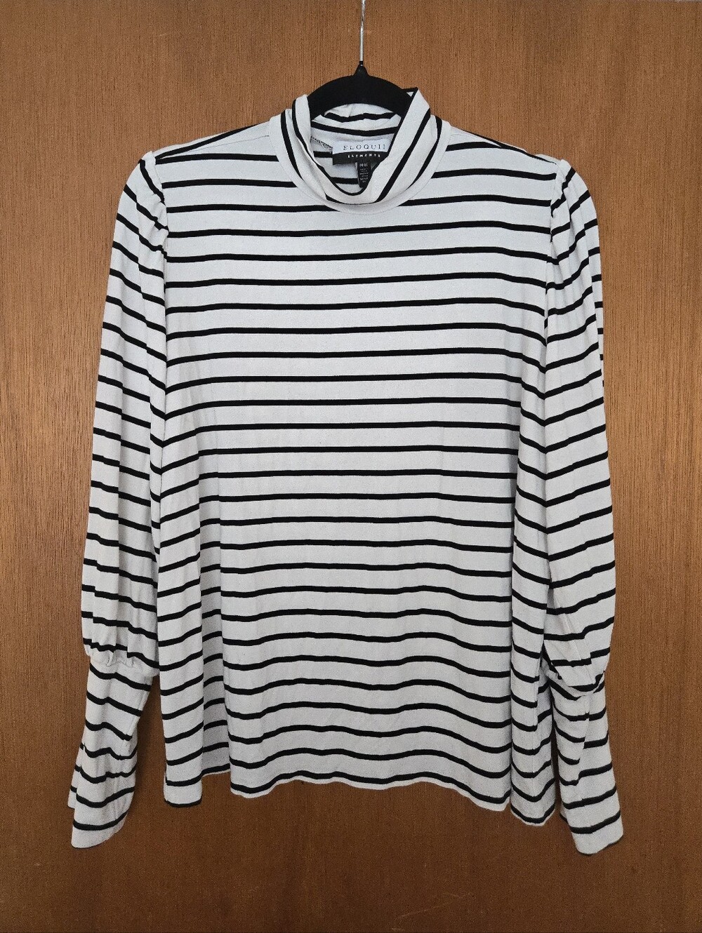Eloquii Black & White Striped Turtleneck Long Balloon Sleeve Top